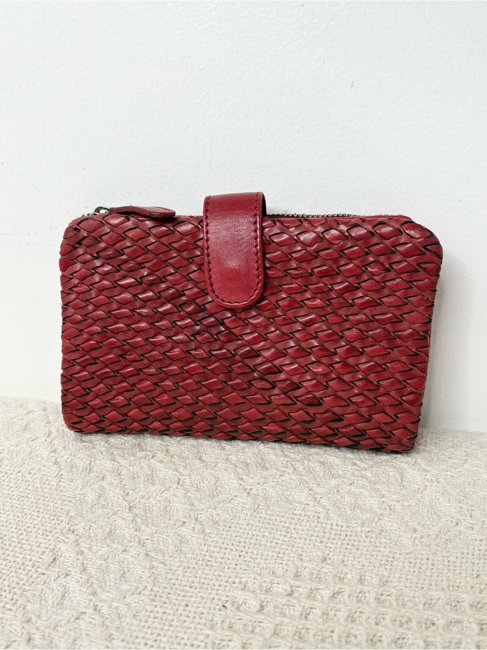 Woven Leather Red Women's Wallet Clutch